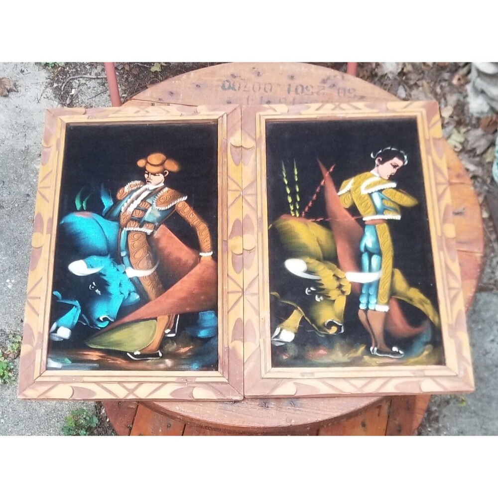 Dynamic Bullfighter Art Duo in Blue and Brown